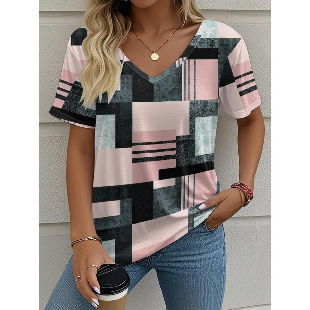 Summer plaid women's V-neck T-shirt outdoor casual short-sleeved top
