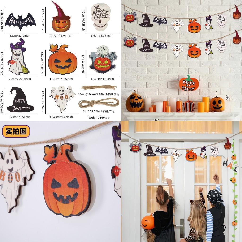 Themed Delightful Halloween Wooden Hanging Flag Decor With Ghosts Pumpkins And