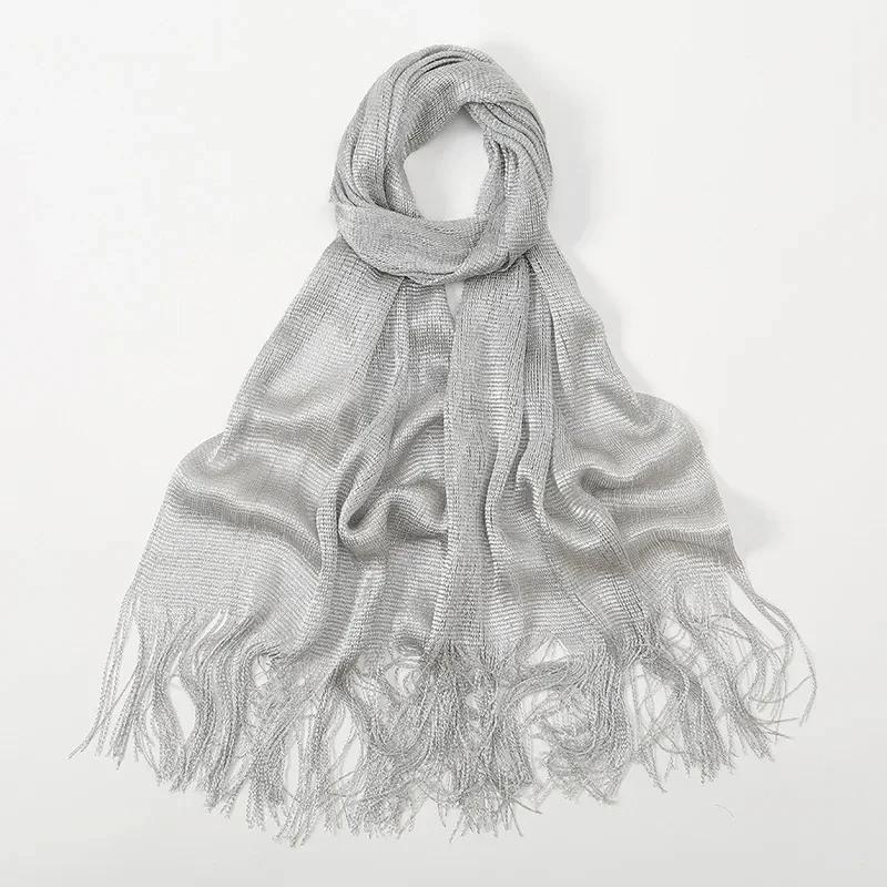 Sexy Fashion Bright Silk Sunscreen Shawl Gold Silver Shiny Scarves For Women Lace Tassel Party Evening Dress Scarf