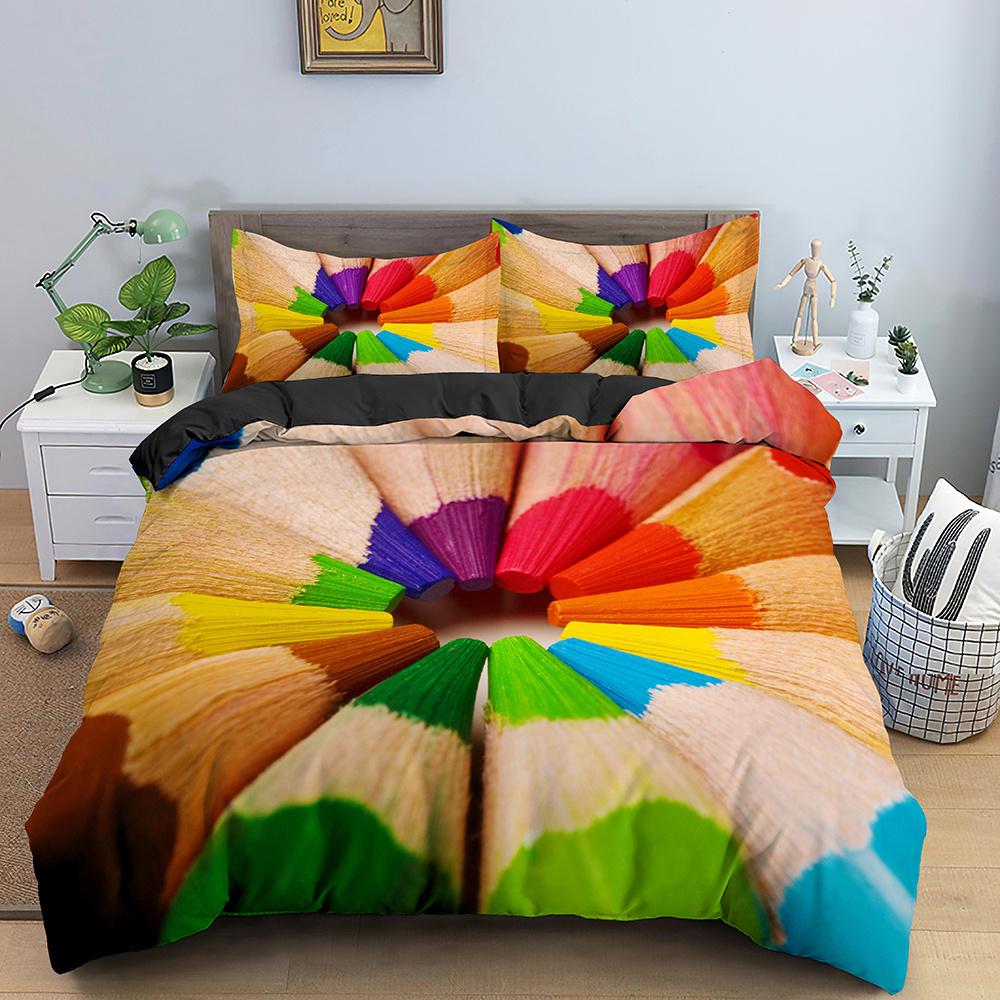 Colorful Toy King Queen Duvet Cover 3D Building Block Pattern Bedding Set Fun Brick Quilt Cover Gradient Rainbow Comforter Cover