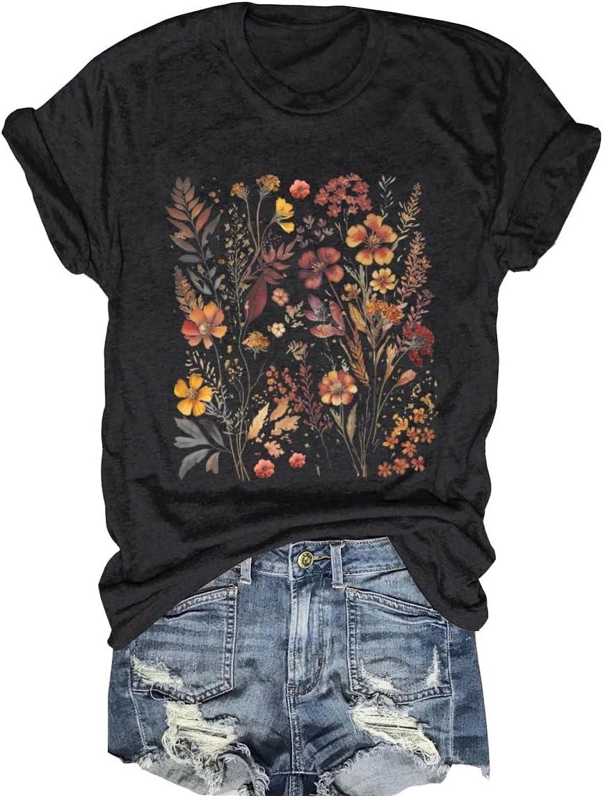 

Women s Boho Flower T Shirt Vintage Flowers Printed Shirt Colorful Wildflower Graphic Tee Casual Botanical Short Sleeve L чорний