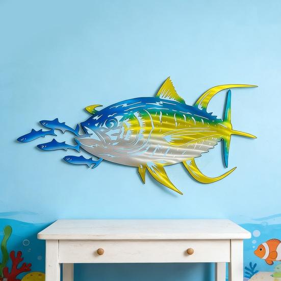 Metal Tuna Fish Wall Art Ocean Theme Wall Hanging Sculpture Blue Fish Cutout Wall Sign for Coastal Home Office Patio Indoor Outdoor Decor