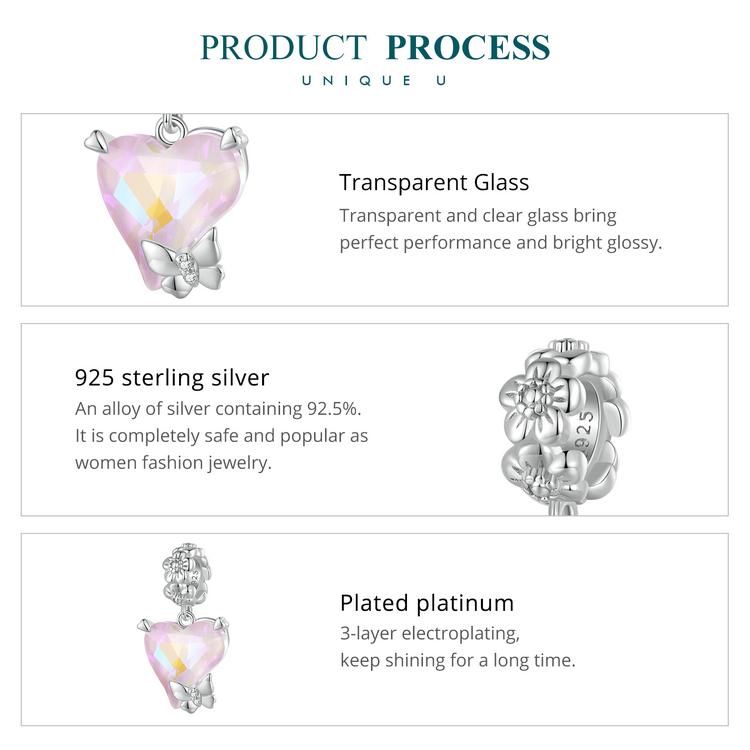 BAMOER, argint 925, inimă, culoare moca, mărgele de sticlă, zircon, farmece mici fluture pentru femei, brățară și colier, bijuterii DIY