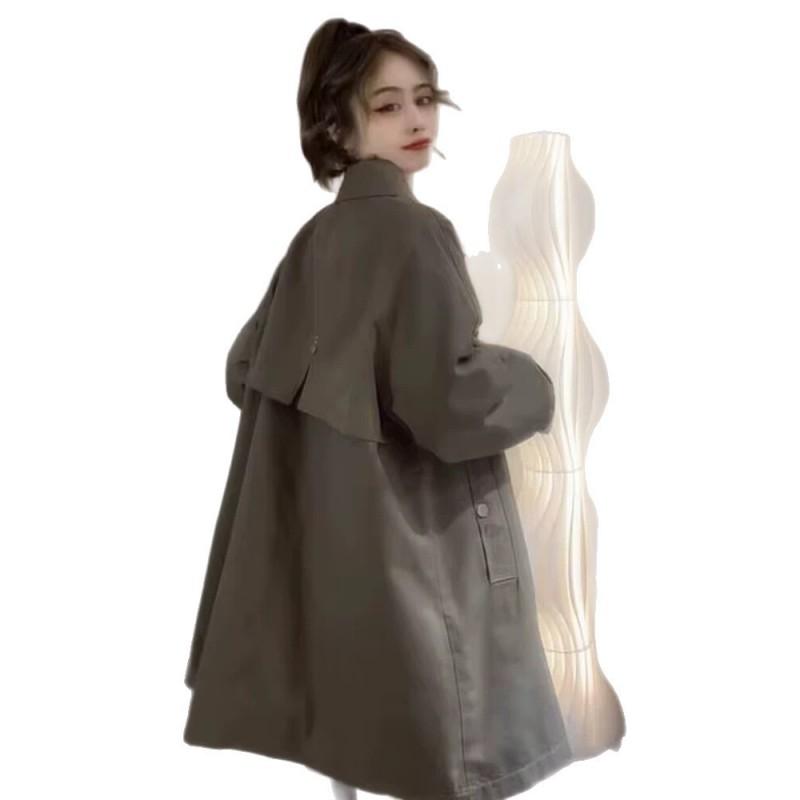 Womens Solid Color Trench Coat 2026 Early Loose Fit Mid-Length Casual Jacket In Black Pink Coffee