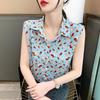 Women's Floral Sleeveless Blouse Lapel Button-Down Chiffon Tank Top