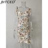 BITCED Summer Women Floral Print Butterfly Sleeve Bodycon Dress Ruffle V Neck Bandage Casual Short Sundress Female Beach Spaghetti Strap Mini Dress