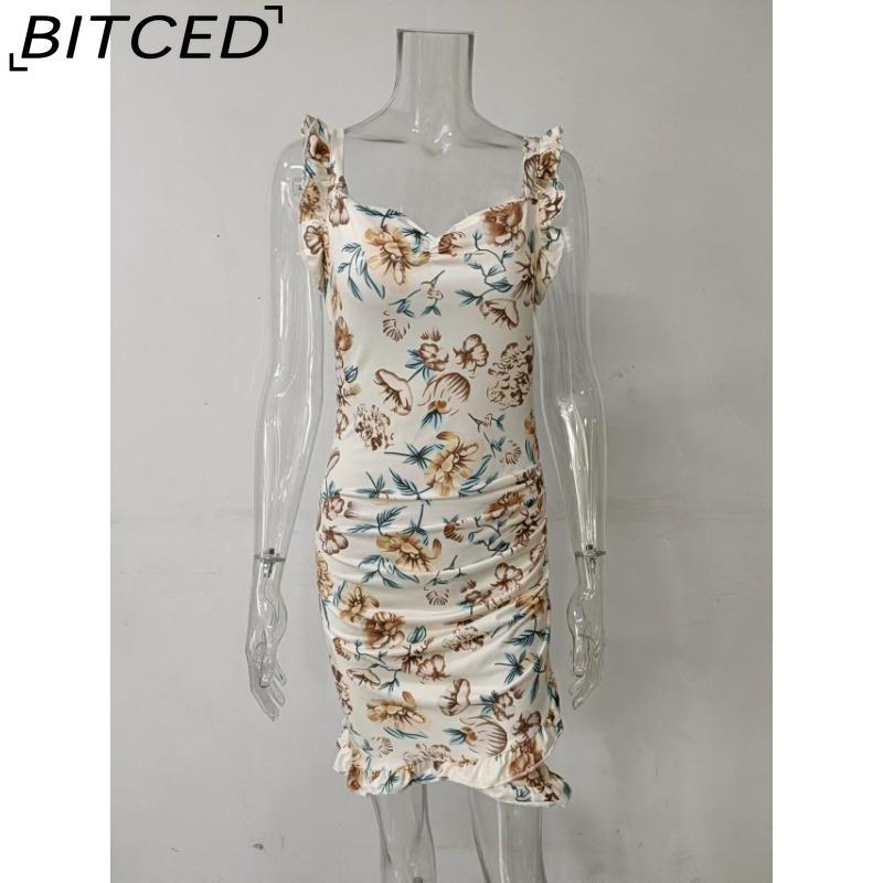 BITCED Summer Women Floral Print Butterfly Sleeve Bodycon Dress Ruffle V Neck Bandage Casual Short Sundress Female Beach Spaghetti Strap Mini Dress