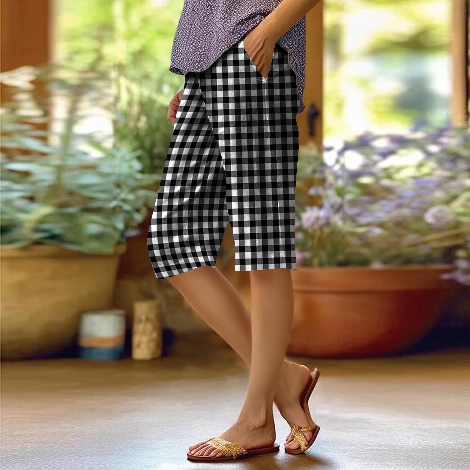 Women s Fashionable Retro Checkered Printed Pocket Elastic Waist Loose Casual Pants L чёрный