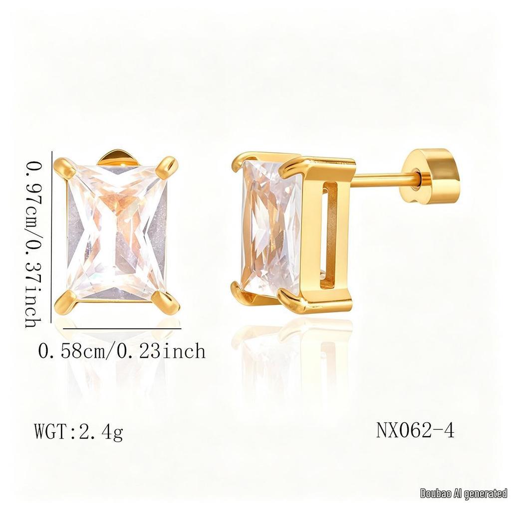18K Gold Zirconia Stud Earrings - Niche, Simple, Colorfast Titanium Stainless Steel Ear Jewelry