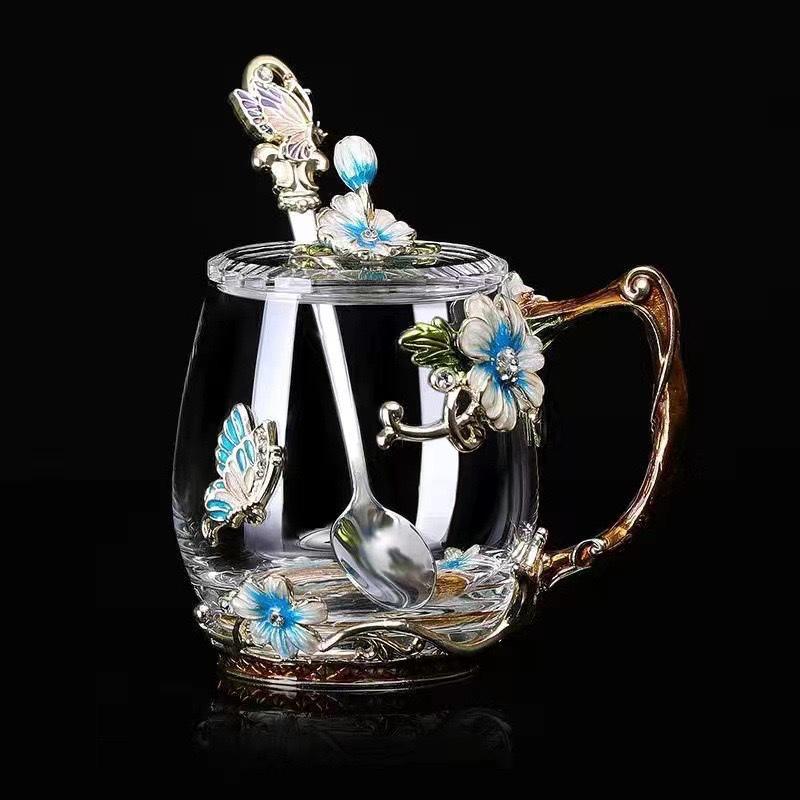 Heat-Resistant Enamel Flower Tea Cup, Creative Painted Crystal Glass Coffee Cup with Handle