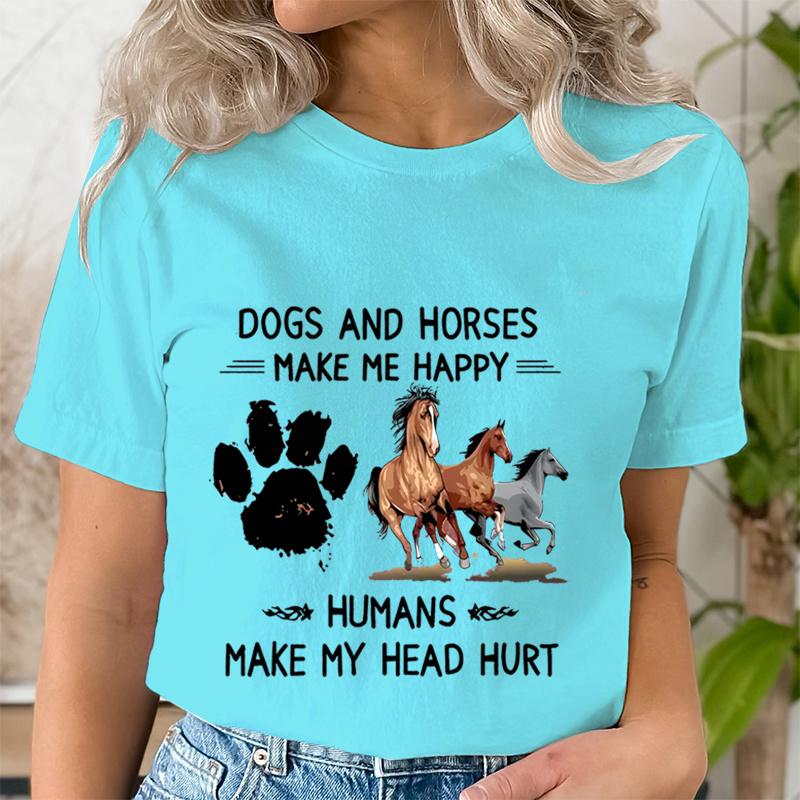 Dog Paw Wild Horses Graphics T Shirt Women Short Sleeve Shirt Dogs and Horses Make Me Happy Print Clothes Summer Female Tshirt