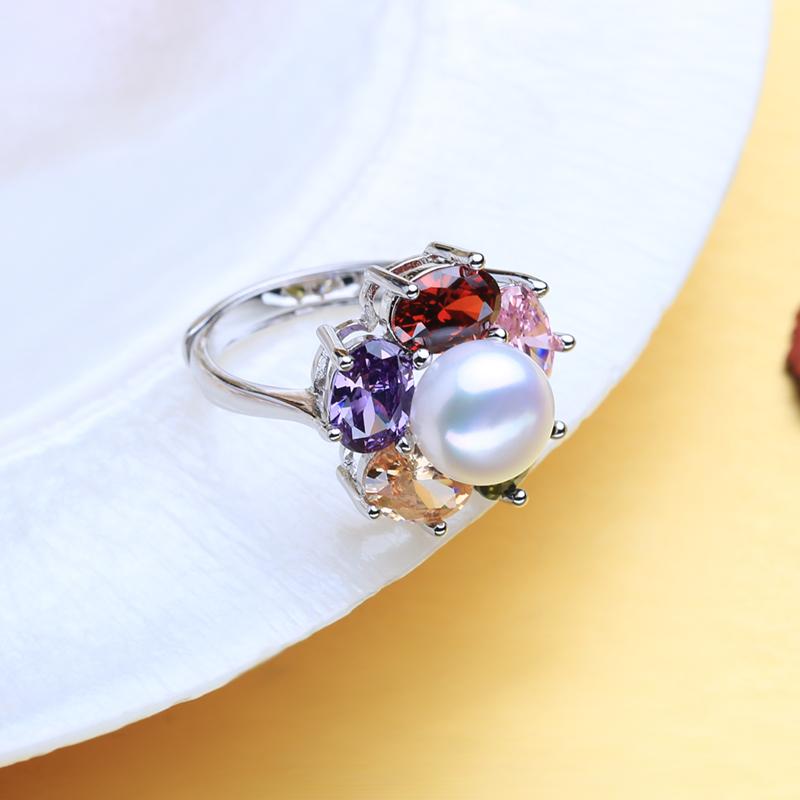 LSOOYH Pearl Jewelry Natural Freshwater Pearl Rings For Women Fashion Female Cubic Zirconia CZ Flower Ring