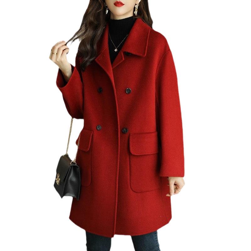 Women's Slim Fit Wool Coat - Coffee Color, Thickened Korean Style for Autumn/Winter 2025, Medium To Long Length