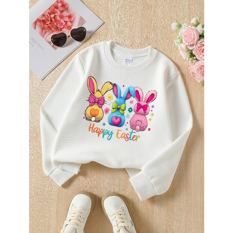 Kids Sweatshirt, Crew Neck Fashion Top, Fun "Easter Bunnies Bow Flowers" Patterned Sweatshirt, Suitable for Everyday Casual Wear