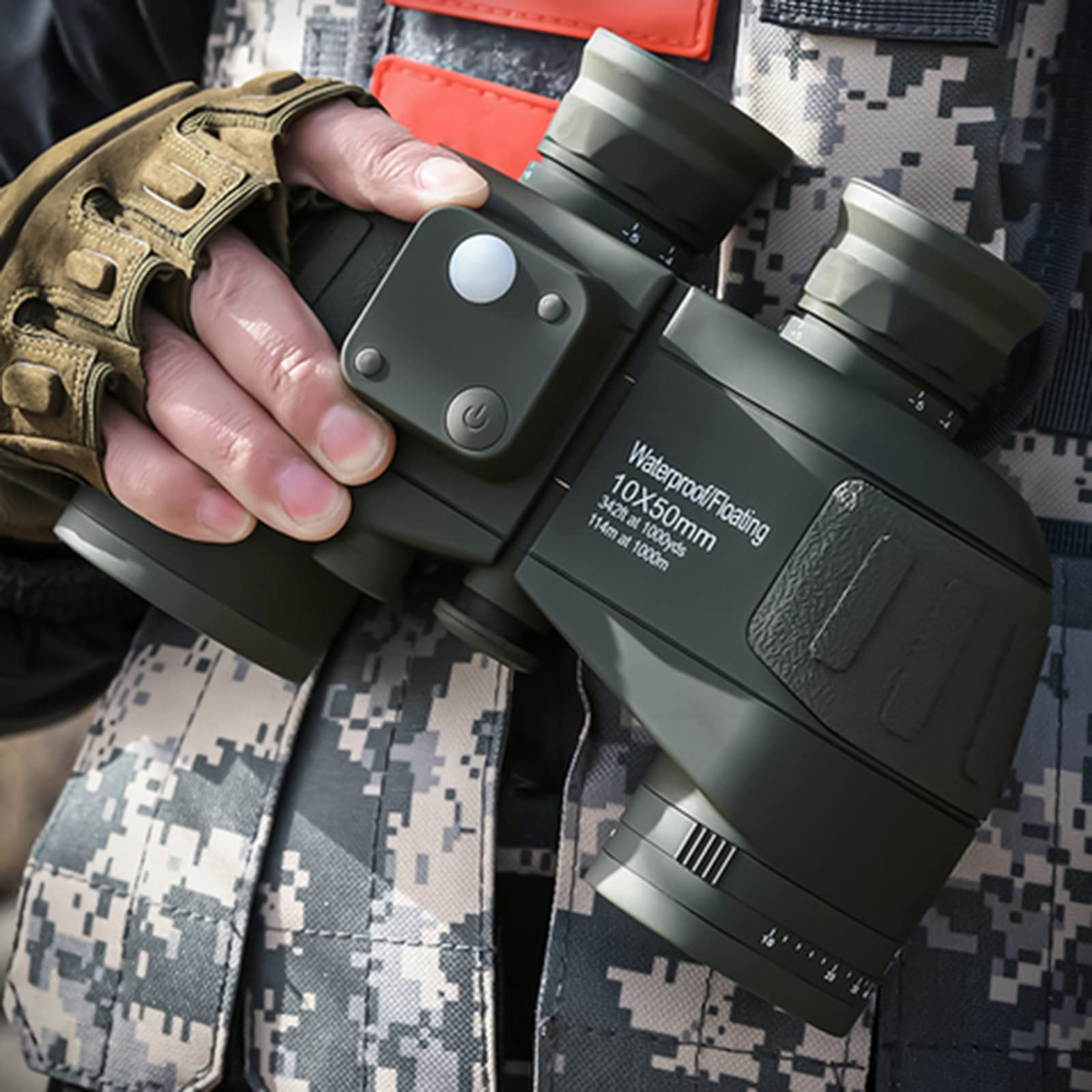 

FOCUHUNTER 10x50 Binoculars IPX7 Floating Telescope Marine Navigation Illuminated Compass Rangefinder BAK4 Prism Binoculars with Nylon Bag and Strap зелений