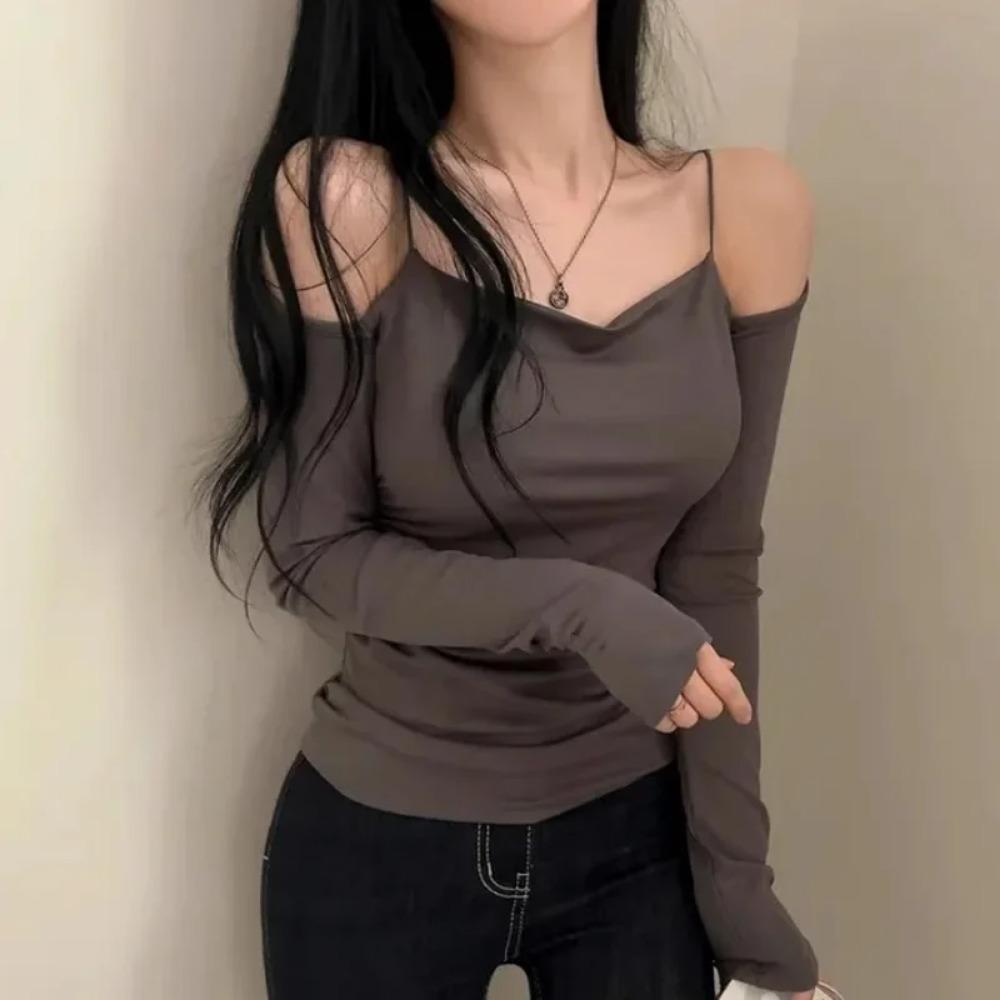 Korea New Style Pure Desire Sexy Off-The-Shoulder Two-Piece Illusionslims Women's Long Sleeve T-Shirt Versatile Smoot