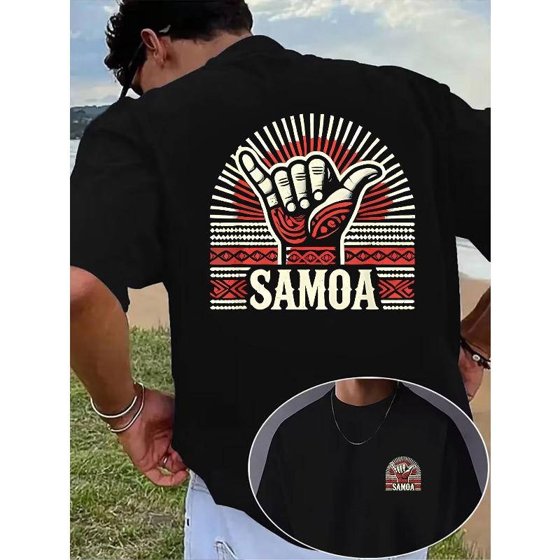 

European Size Men s Summer Casual Short-Sleeve Crew Neck T-Shirt, Samoan Traditional Handprint Design, Exotic Vintage Short-Sleeve Top 4XL чорний