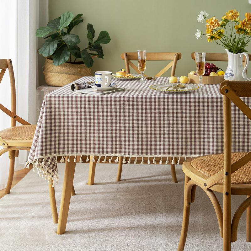 Linen Cotton Check Fringe Tablecloth Simple Rectangular Dining Table Cover