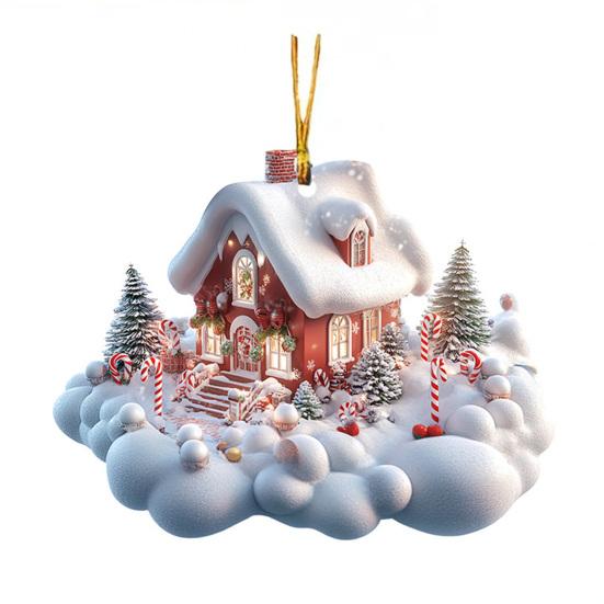 Snow Village House Ornament Rustic Log Cabin Hanging Ornament 2D Acrylic Cottage with Snow Scene for Winter Wonderland Xmas Tree Decor