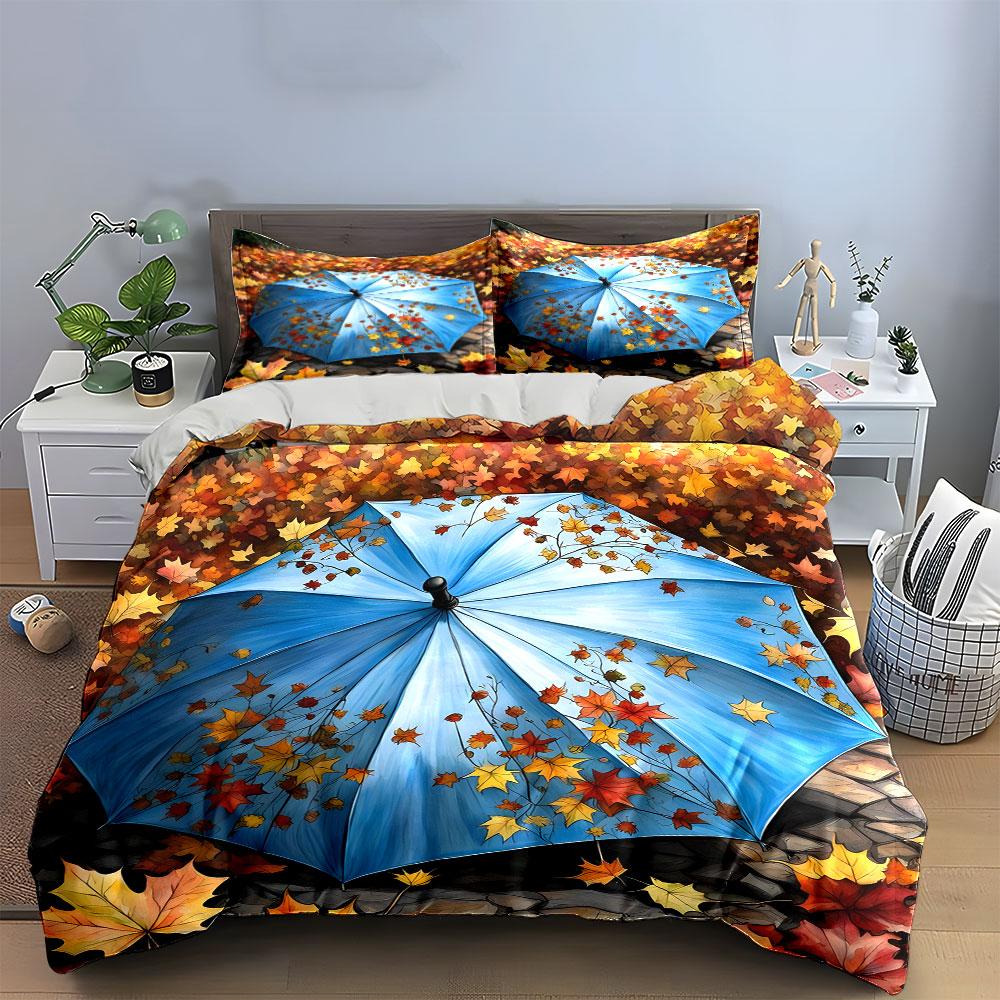 Autumn Themed Umbrella Set Soft Comfortable Duvet Cover Bedding Set Included 1*Duvet Cover & 2*Pillowcases, Gift
