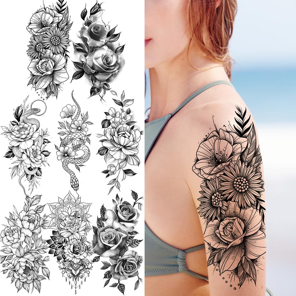 1 Sheet Sunflower Rose Snake Flower Temporary Tattoos For Women Girls Forearm Arm Body Back Tattoo Sleeve Self Adhesive Beauty