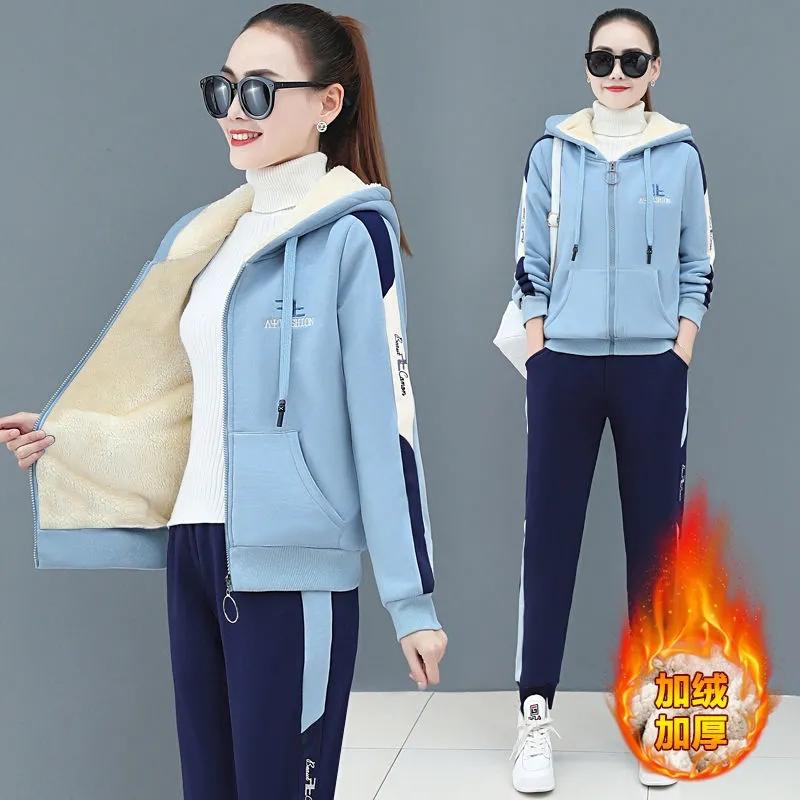 

Зимний спортивный костюм из плотного флиса, женские теплые модные толстовки и брюки на молнии, одежда для дома, повседневный комплект из двух предметов L