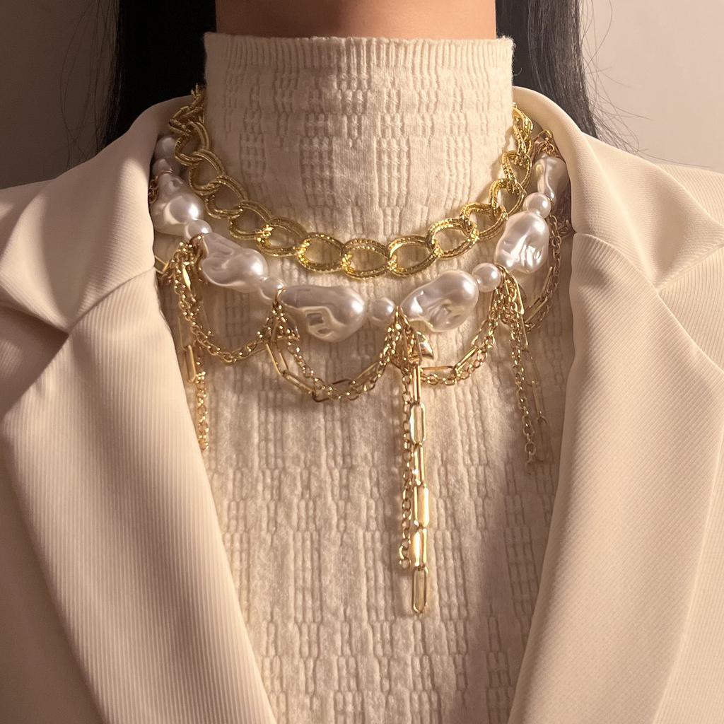 Bohemian fashion personality trend double stacked wearing imitation pearl exaggerated women's necklace temperament design