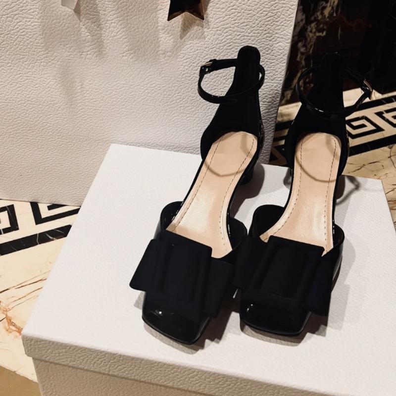Cowhide version~ Celebrity temperament bag head with genuine leather sandals women's summer hollow square buckle high-heeled small sandals