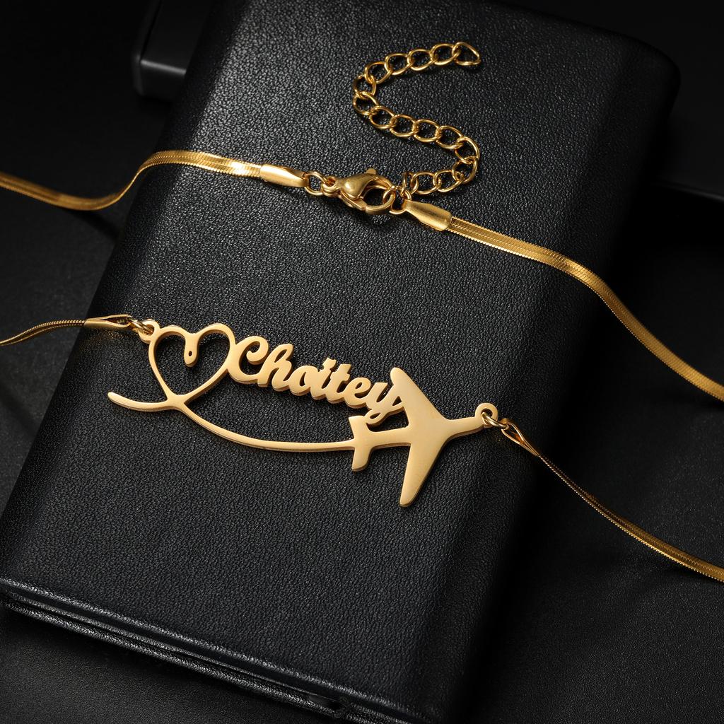 Atoztide Custom Name Necklace for Women with Airplane Stainless Steel Jewelry Heartbeat Choker Chain Personalized Birthday Gift