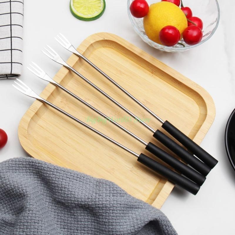 24TE 6Pcs Stainless Steel Fondue Forks Plastic Handle Wood Handle Heat Resistant Barbecue Cheese Fondue Forks for Chocolate