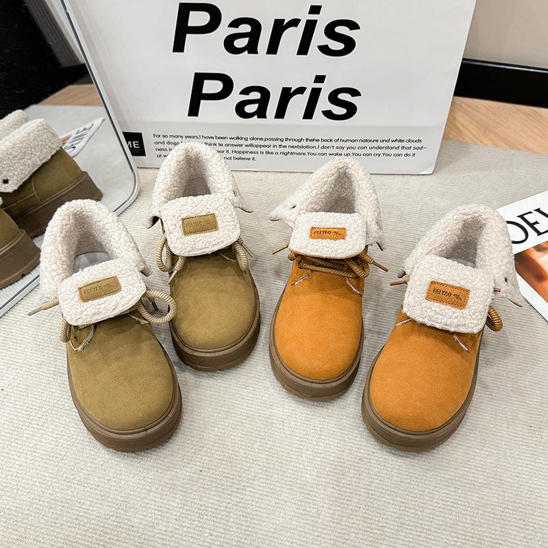 Retro thick-soled heightened flanged Martin boots for women's winter new velvet fashion two-wear short boots warm cotton shoes