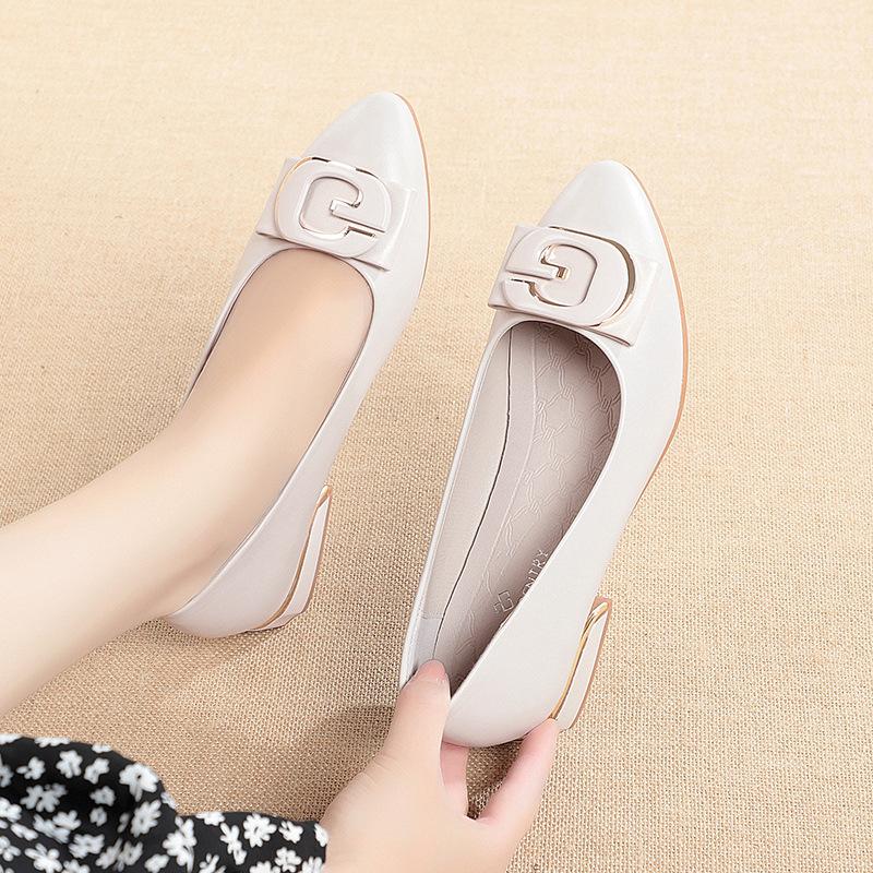 Fashion Women Simple Sweet Light Weight Black Crystal Square Heel Shoes Lady Fashion Comfort Pump Loafers Grace  Soft Leather Mid Heels