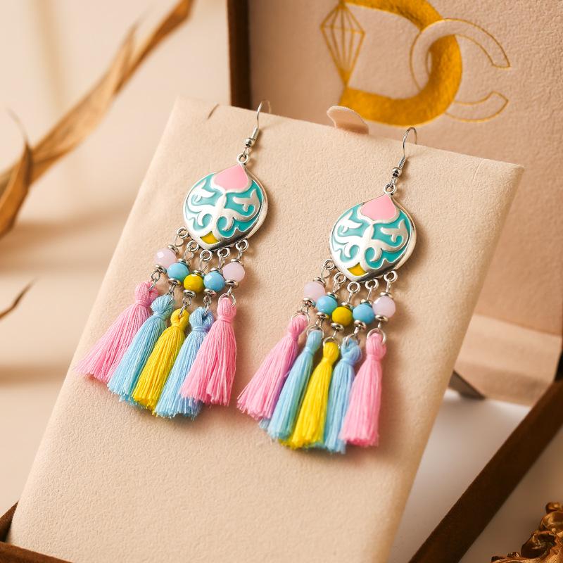 

Vintage Ethnic Colorful Tassel Earrings for Women Elegant Peach Heart Crystal Alloy Earring Party Wedding Daily Jewelry
