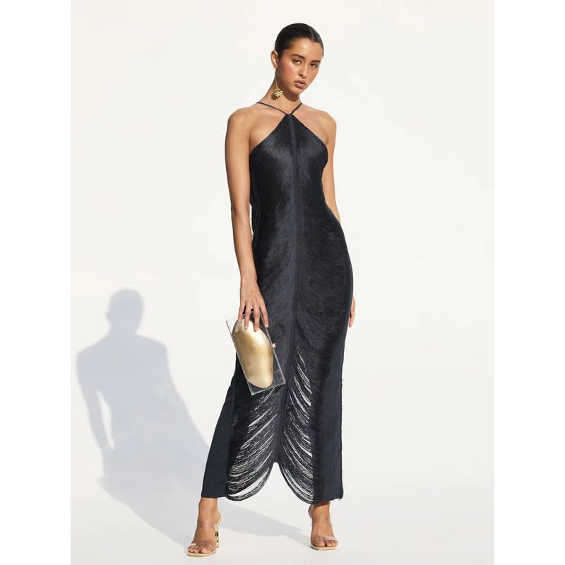 

Формальное платье с вырезом на шее, Модное женское платье с бахромой на спине и разрезом, Платье-халтер Black XL