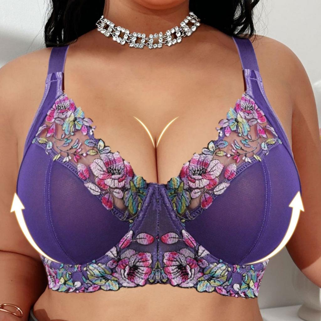 Sexy Lila Bestickter Damen Spitzen-BH mit Seitlich stützenden U-förmigen Schulterträgern für Übergröße Unterwäsche