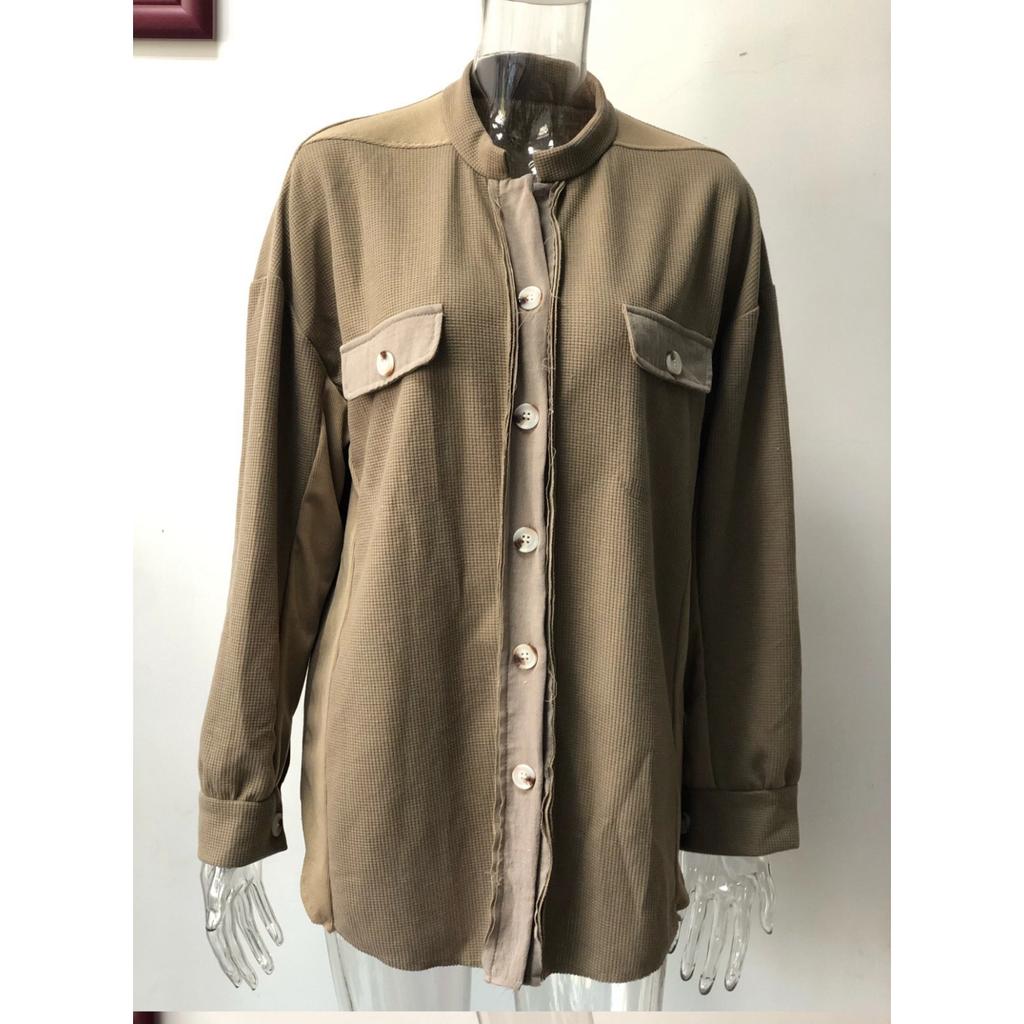Autumn Women's Asymmetrical Shirt Jacket, Notched Lapel & Patch Pocket Design Casual Oversized Blouse for Daily Streetwear