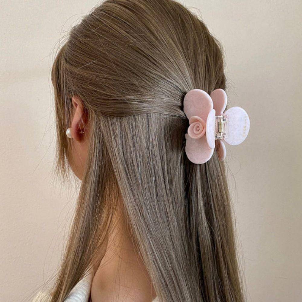 French Style Acetic Acid Hair Clip Medium Size Shark Clip Sweet Flower Hair Claw Girls