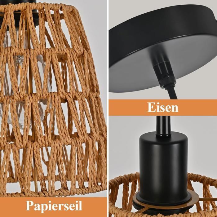 Rattan-Hängeleuchte NETTLIFE, 1-flammig, Natürliches Rattan, Boho-Chic-Design, Schwarzes Metall, Säule, E27-Leuchte für Esszimmer, Wohnzimmer