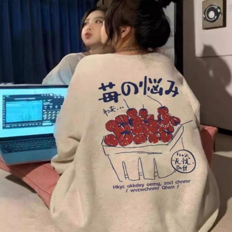 

Осень Зима Уличный Стиль Свободный Пуловер На Все Случаи Жизни Принт Топ Женский Винтажный С Круглым Вырезом Повседневный Свитшот M серый