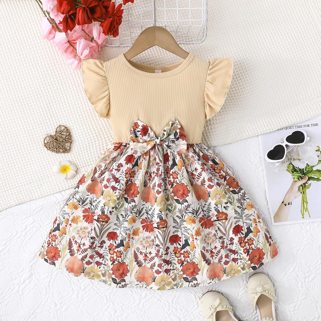 Girls Floral Print Dress with Bow, Ruffle Sleeve Ribbed Bodice Casual Summer Outfit