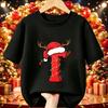 Cotton Kids Christmas T‑Shirt Cartoon Santa Antlers String Light A‑Z Print Short Sleeve O‑Neck X‑mas Party Tee Children Clothing