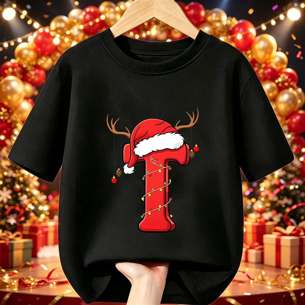 Cotton Kids Christmas T‑Shirt Cartoon Santa Antlers String Light A‑Z Print Short Sleeve O‑Neck X‑mas Party Tee Children Clothing