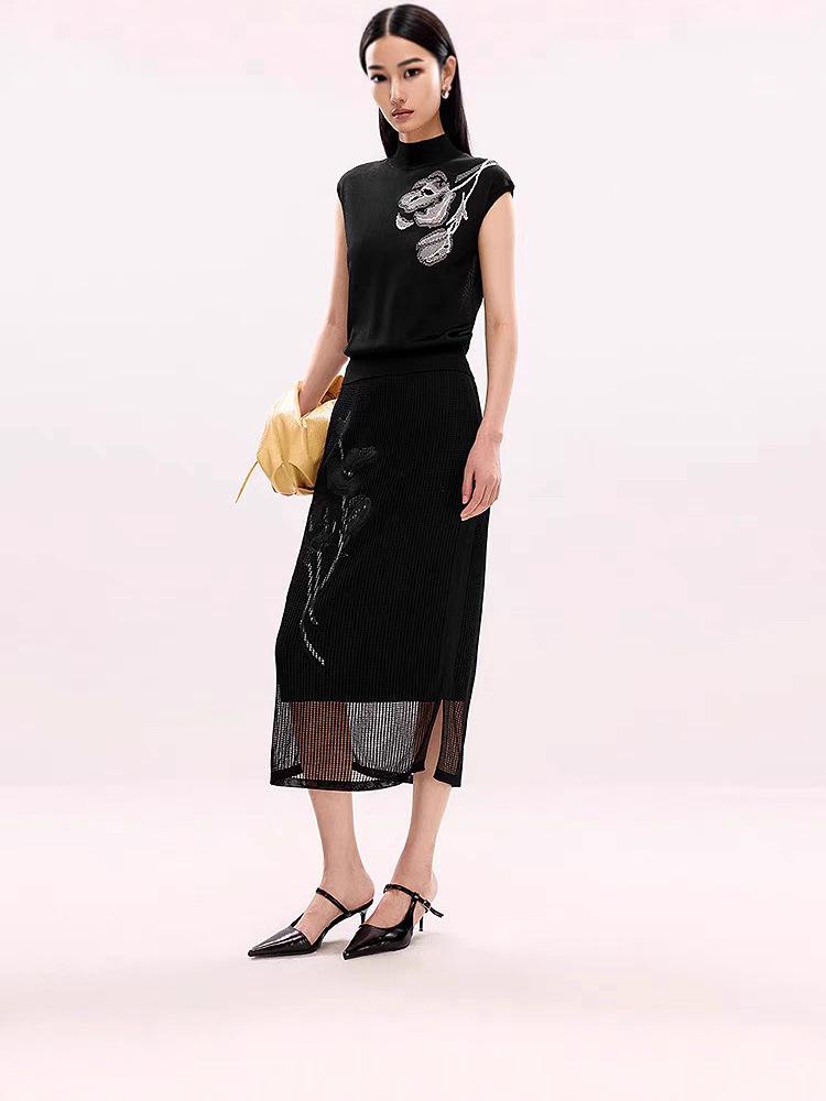 Dámský luxusní pletený top Lang Z podzim 2025 v čínském stylu s krátkým rukávem a kulatým výstřihem.