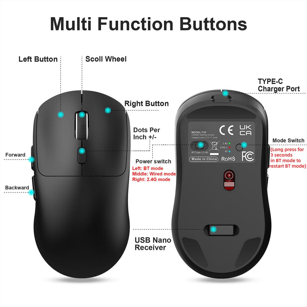 Gaming Mouse with 2.4GCelsius 5.4CelsiusWired Three Modes Connectivity 6 Key 6400DPI for Desktop Laptop