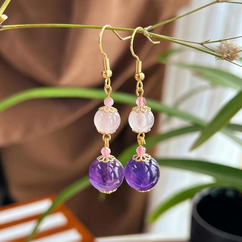 Gold Plated Natural Amethyst Clear Quartz Beaded Drop Earrings