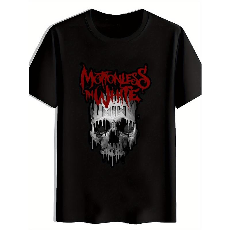 

European Size Men S Retro Rock Band Graphic T-Shirt - Motionless White Skull Design, Short Sleeve, Crew Neck, Polyester, Summer Casual Wear S