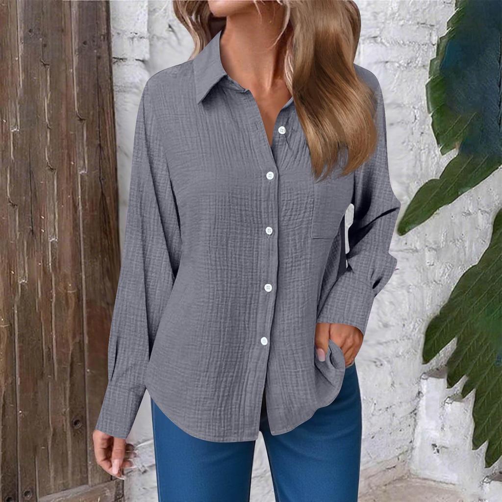 Women's Fashion Casual Solid Color Split Button Long Sleeve Shirt Top