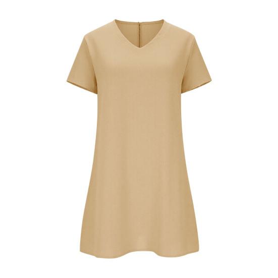 Summer Cotton Linen Dress for Women Casual Short Sleeve V Neck Mini T-Shirt Dress Loose A-line Short Sundress