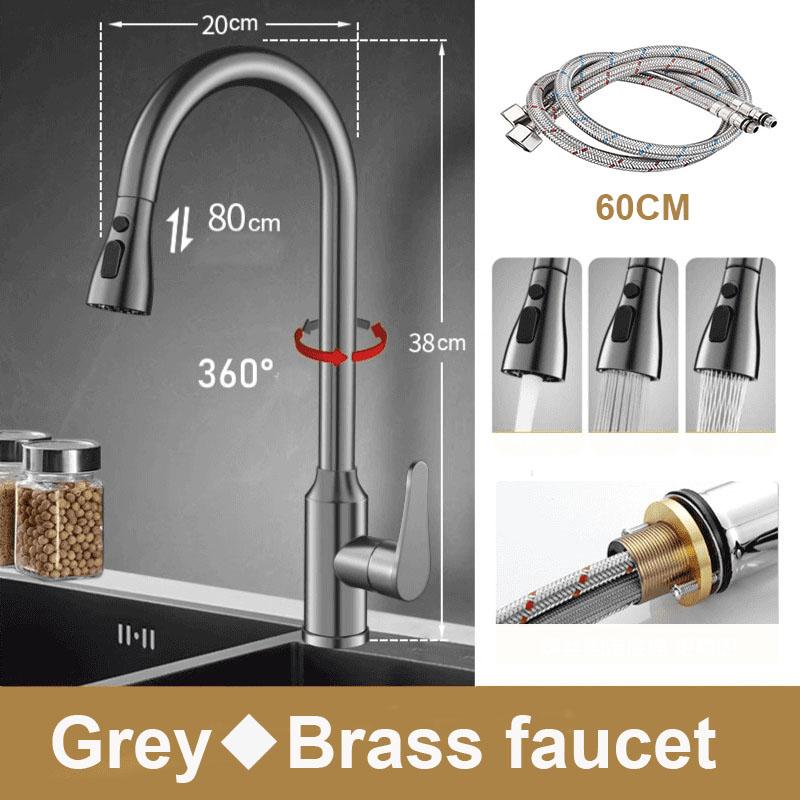 Brushed Gray Kitchen Sink Faucet Pull Down Sprayer 360 Rotate Kitchen Tap Single Lever Mixer Tap With 2 Water Modes