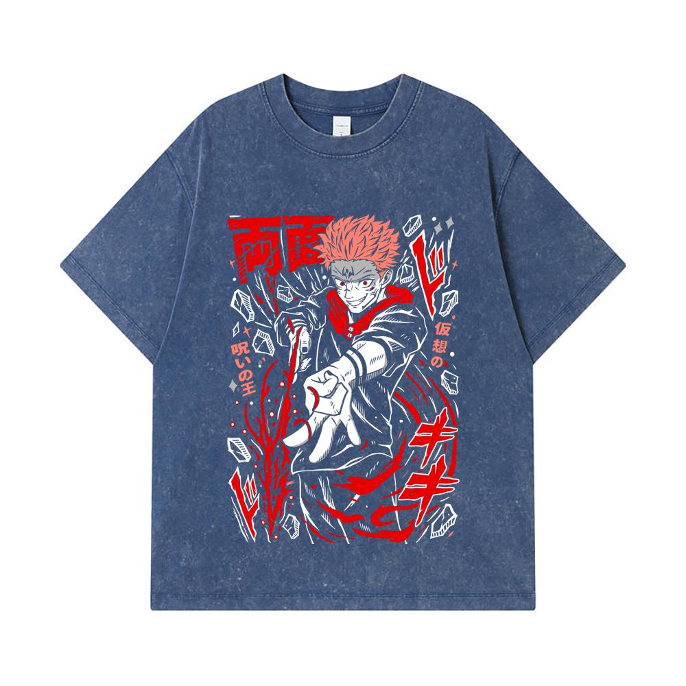

275 GSM Washed T-shirts 100% Cotton Jujutsu Kaisen V31 Sukuna Print Unisex Heavy Cotton T Shirt 2XL королівський синій колір